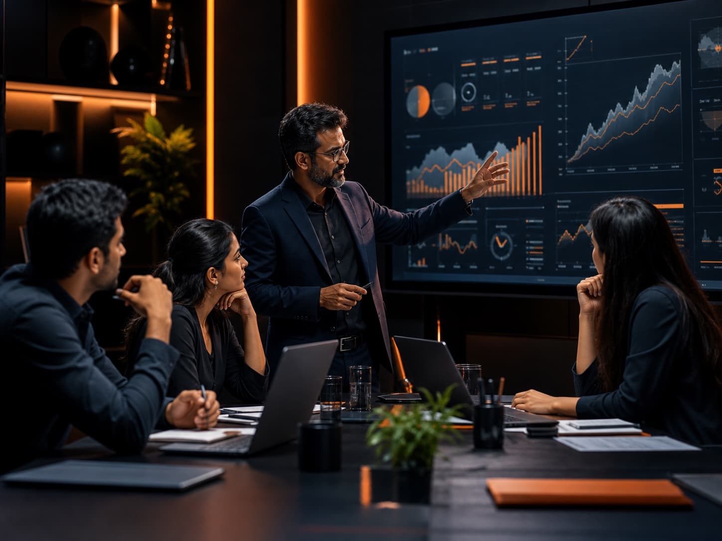 Senior marketing team reviewing campaign analytics in a strategy session